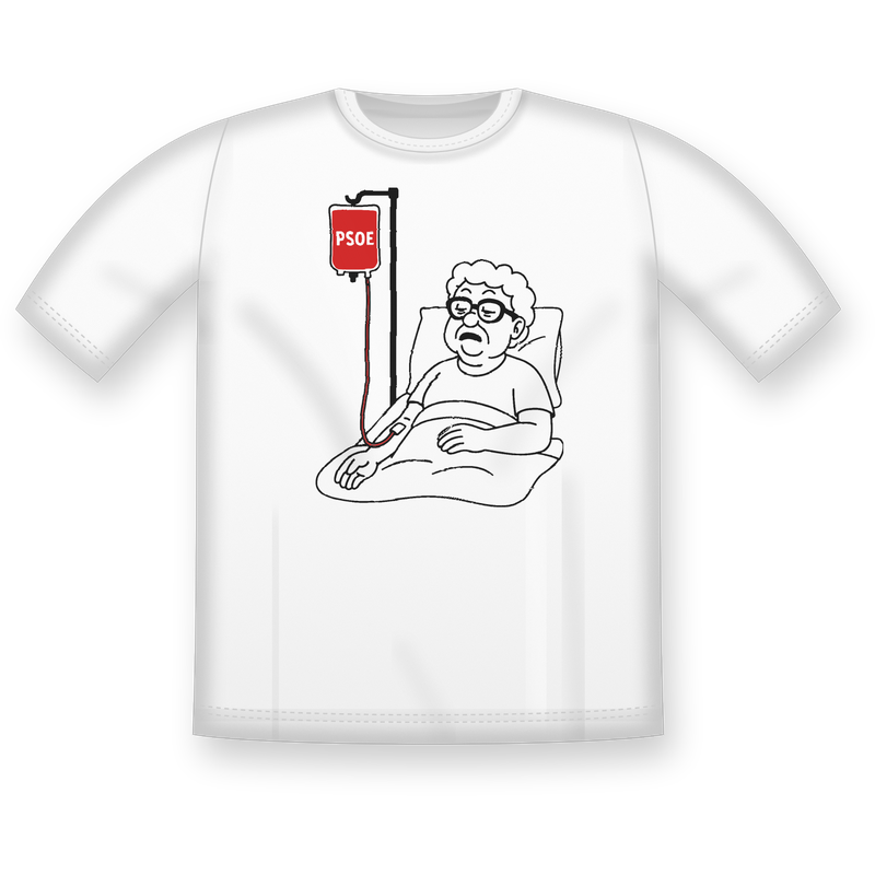 Camiseta blanca «Enchufada» con la abuela y el gotero del PSOE